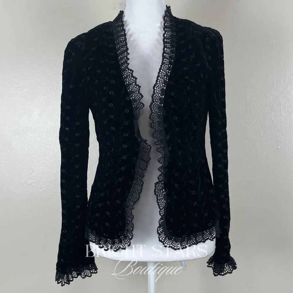 Rare Black Velvet Blazer ASO Lorelia Gilmore Girls Velvet Tie Front Lace Trim - Picture 5 of 13